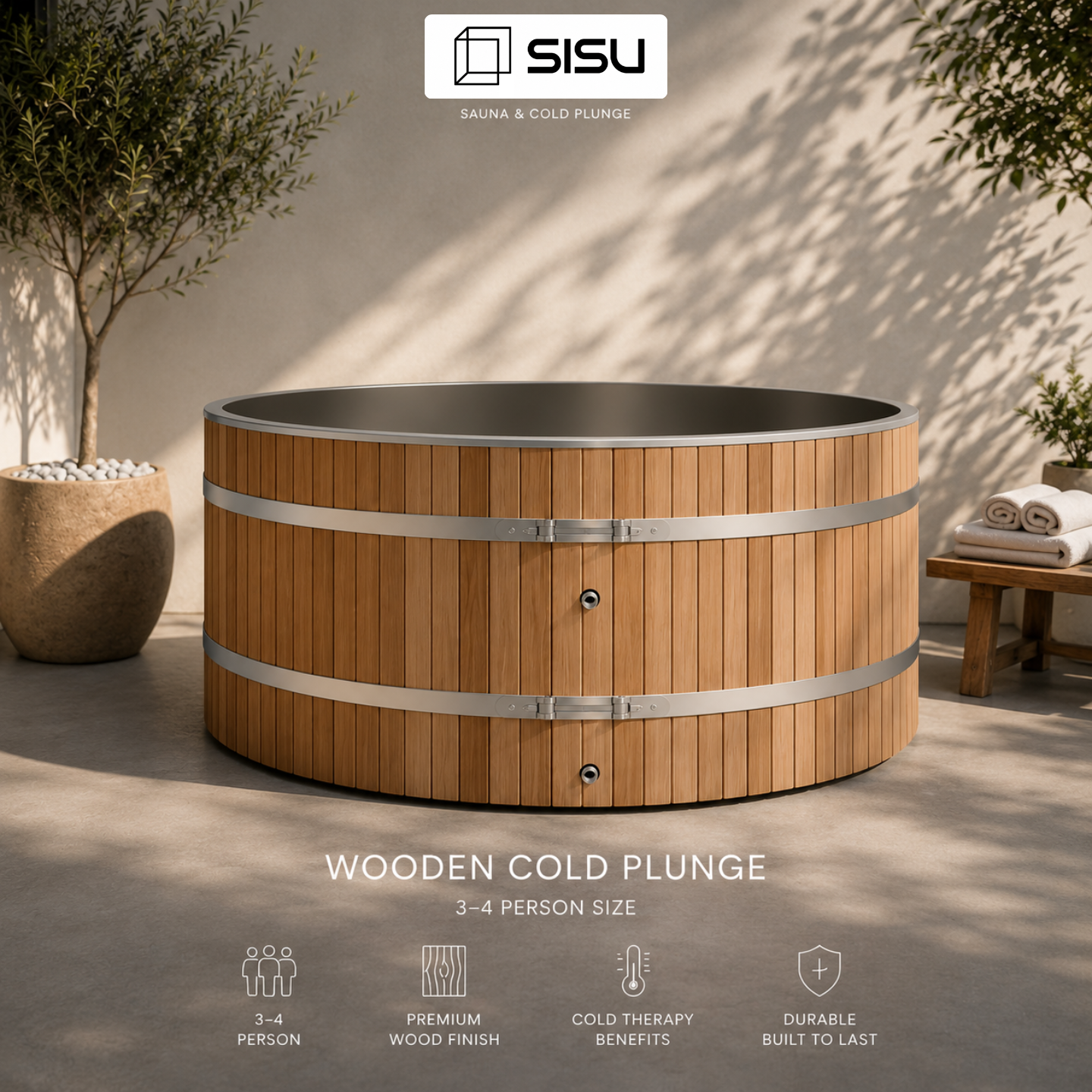 3–4 Person Wood & Stainless Steel Ice Bath Cold Plunge Tub — Ice Baths