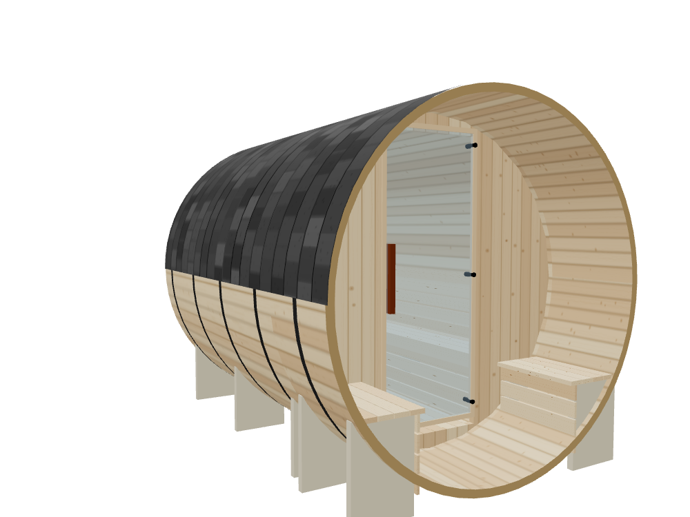 Barrel — Medium — ½ Glass Back + Outer Bench — Stone Heater — Left angle