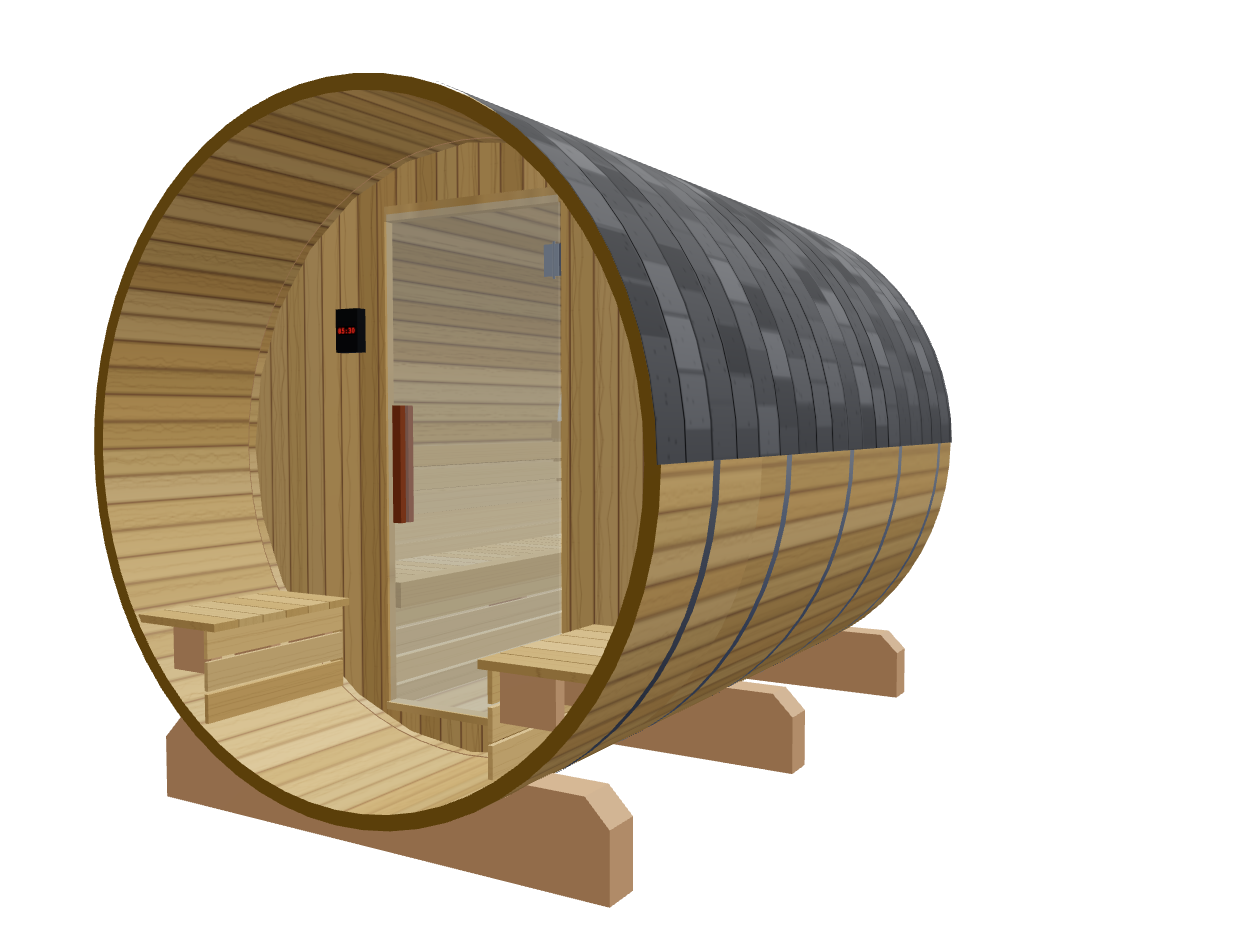 Barrel — Medium — ½ Glass Back + Outer Bench — Stone Heater — Right angle