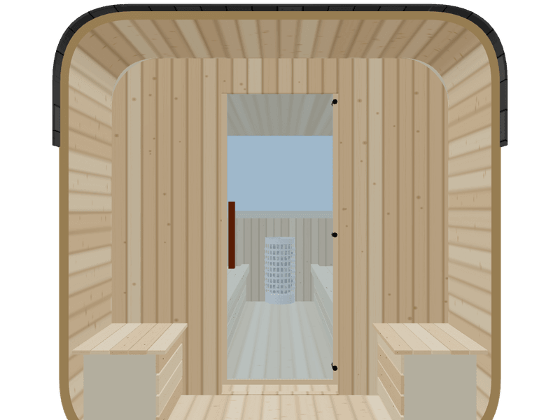 Cube — Large — ½ Glass Back + Outer Bench — Stone Heater — Custom Saunas