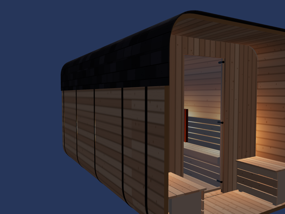 Cube — Large — ½ Glass Back + Outer Bench — Stone Heater — Night